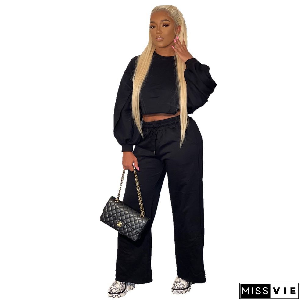 Long Sleeve Crop Top Drawstring Wide Leg Pants Set