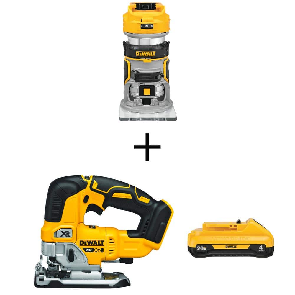 DEWALT 20V MAX Lithium-Ion Cordless Brushless Router, 20V Brushless Jigsaw, and (1) 20V 4.0Ah Battery DCW600BW334240