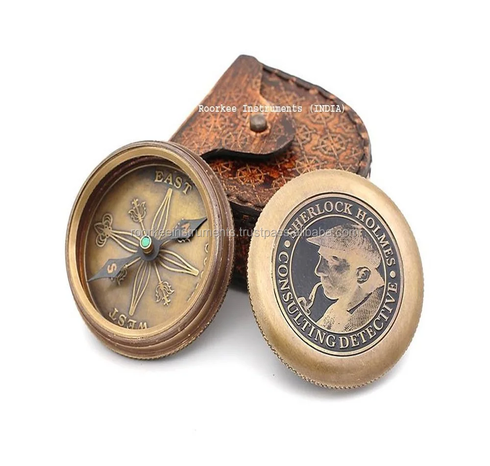 Vintage Directional Magnetic Compass for Navigation Brass Compass with Leather Case~ Sherlock Holmes