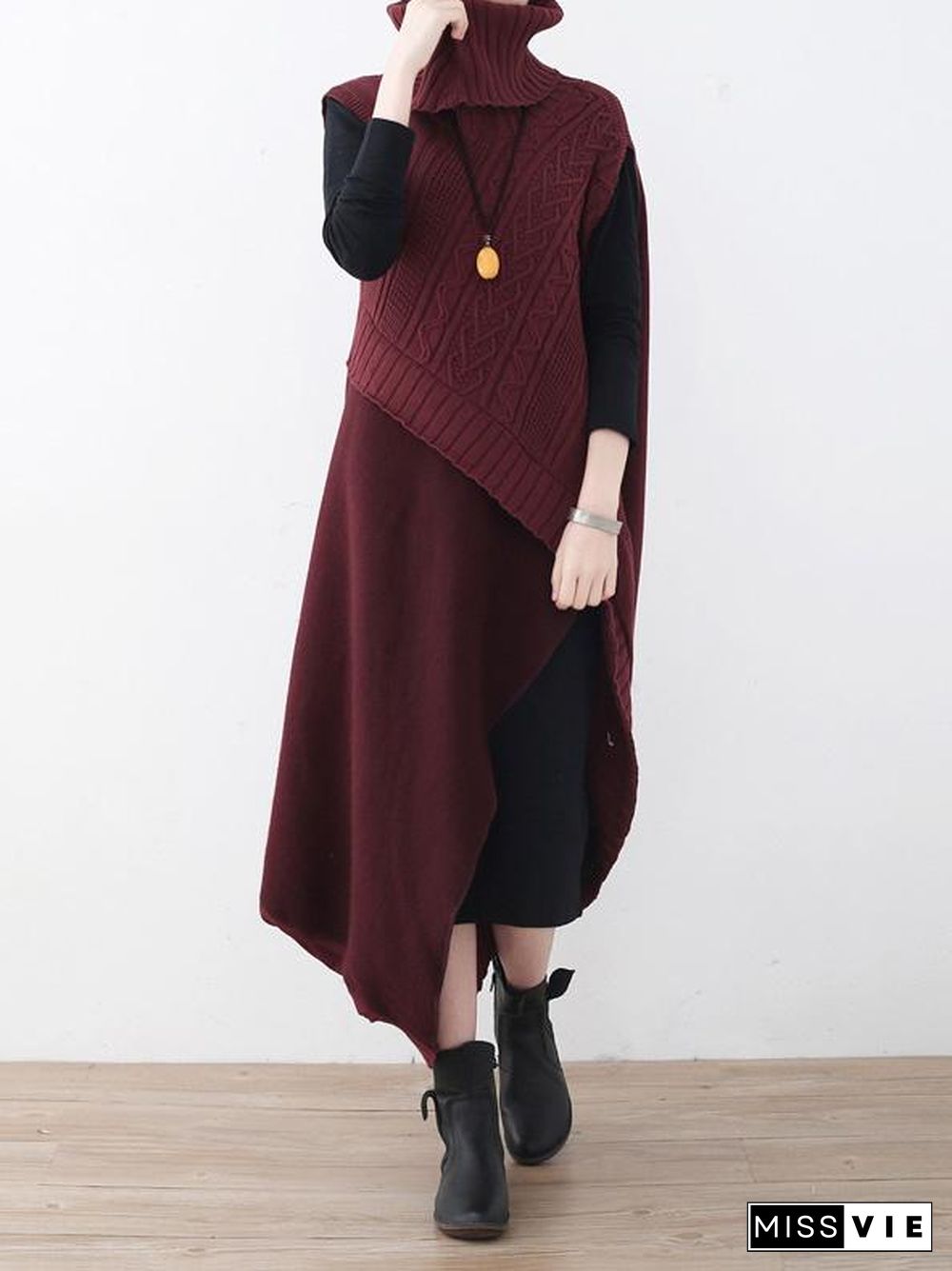 Casual Vintage Knitting High-Neck Sleeveless Dress