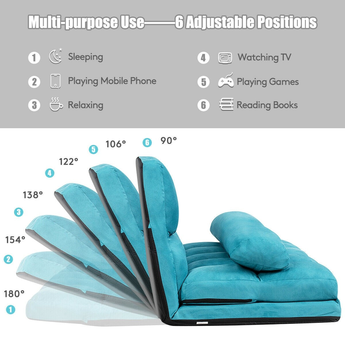 Adjustable Floor Sofa, Foldable Lazy Sofa Sleeper Bed 6-Position Adjustable,2 Pillows