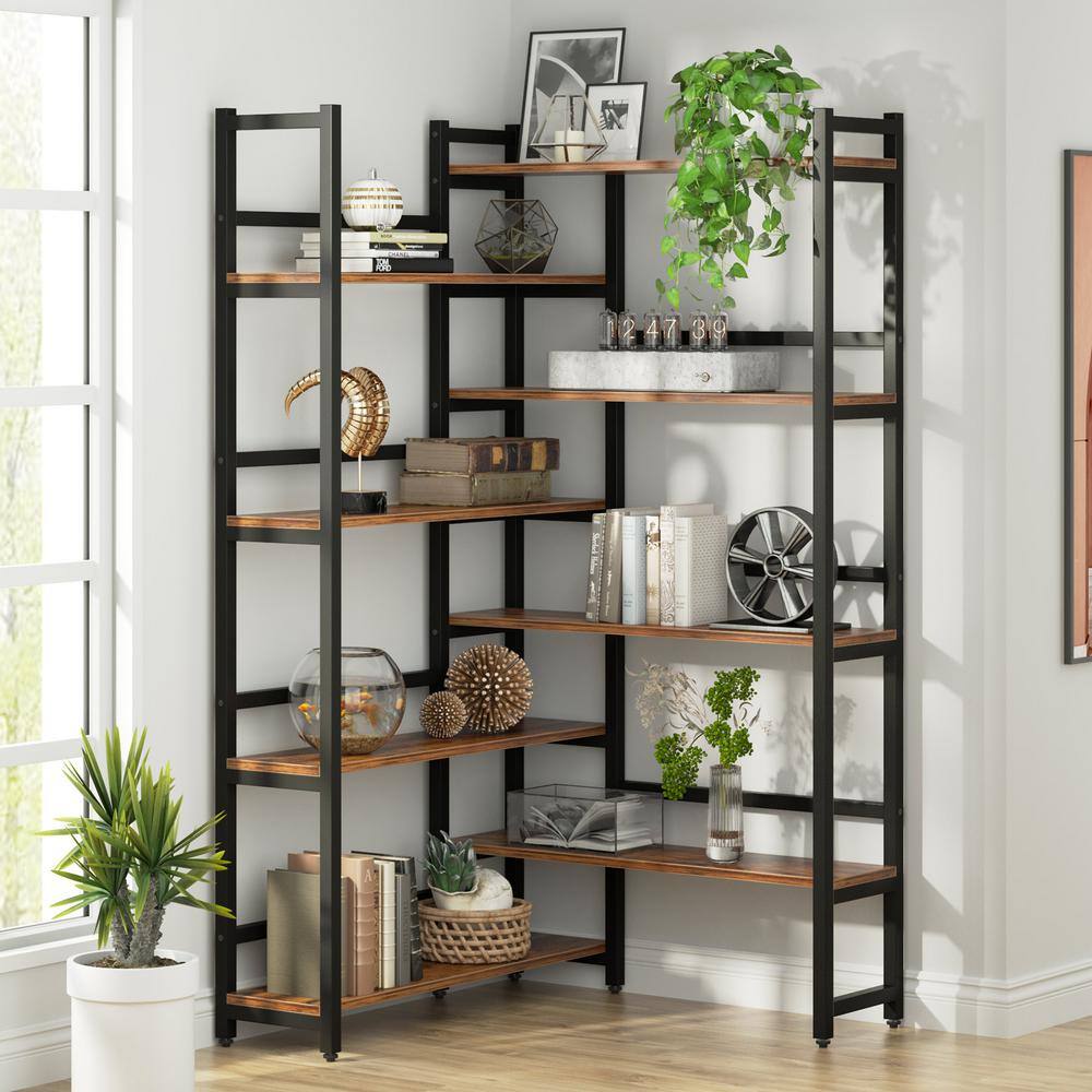 BYBLIGHT Eulas 70.8 in. Rustic Brown 8 shelf Industrial L-Shaped Corner Bookcase with Open Back for Home Office BB-K0067XL