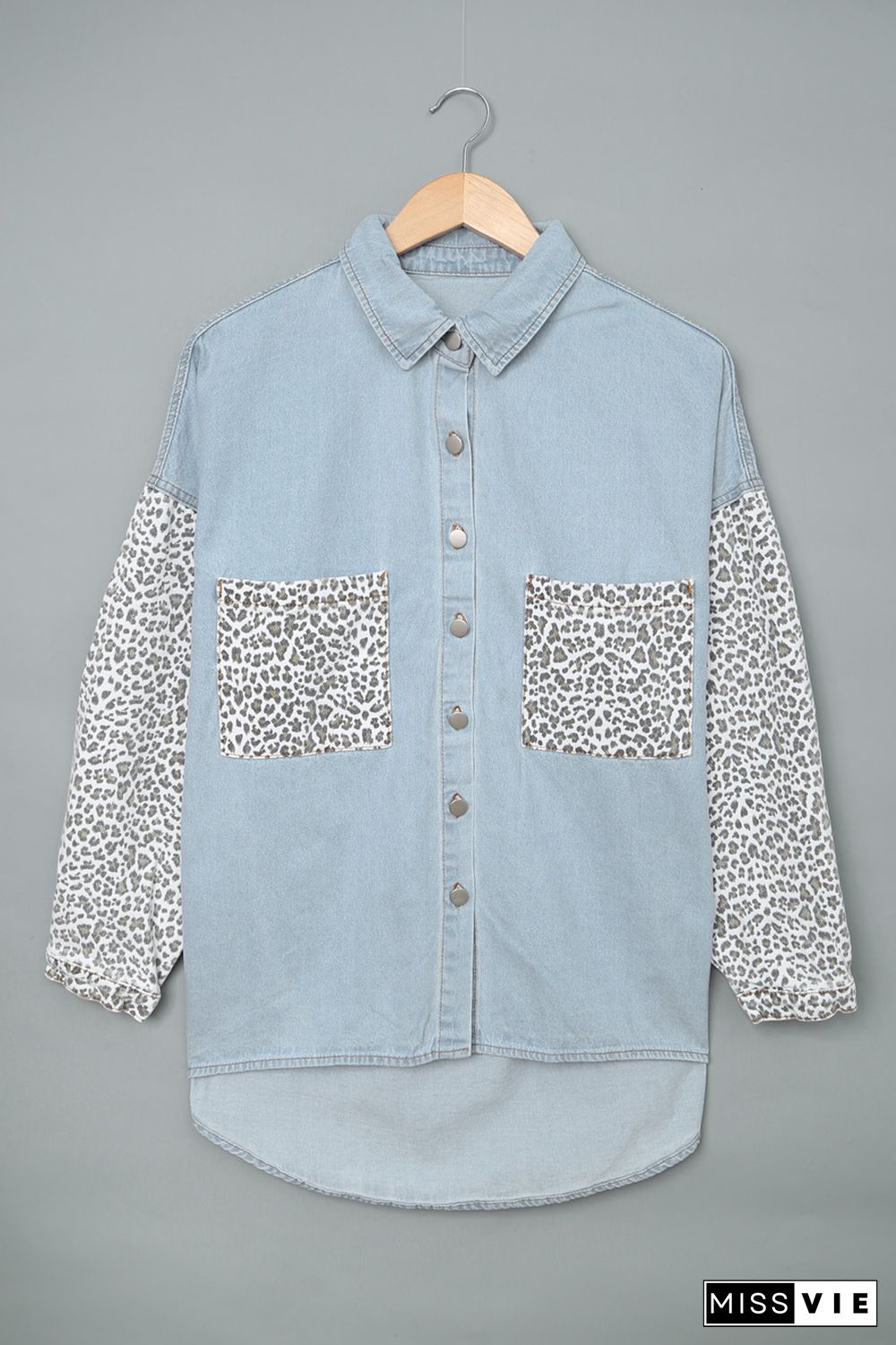 Sky Blue Contrast Leopard Denim Jacket