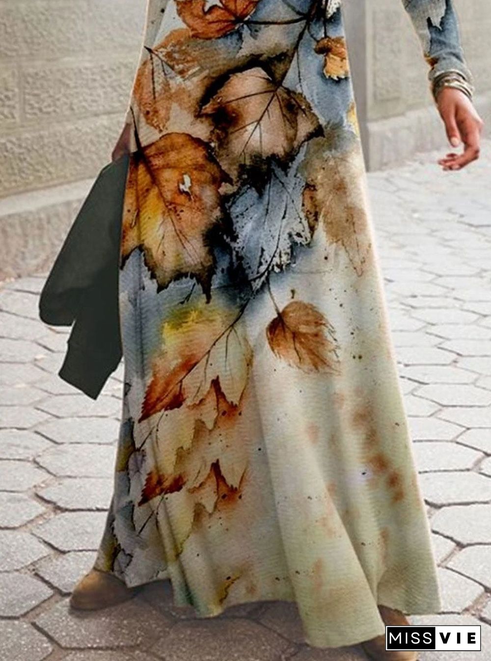 Fashion Leaf Print Round Neck Long Sleeve Casual Maxi Dress