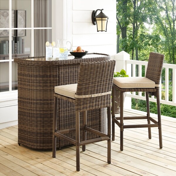 Bradenton Outdoor Brown Wicker 3Piece Bar Set with Sand Cushions