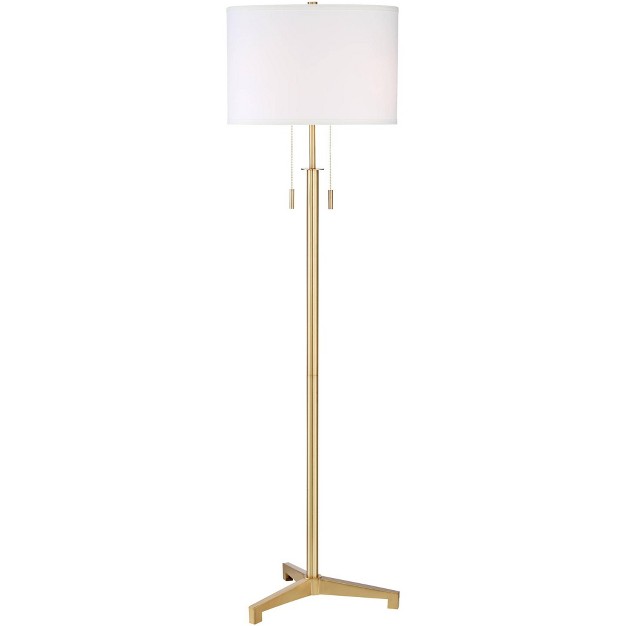 Tall Brass Gold Metal Off White Fabric Drum Shade For Living Room Bedroom Office Home