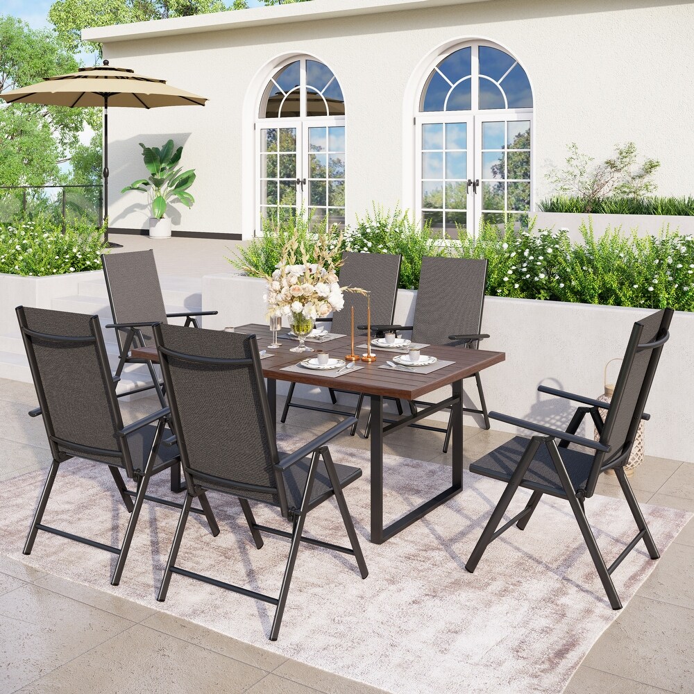 7 Piece Patio Dining Sets Matte Wood grain Table   Textilene Foldable Chairs