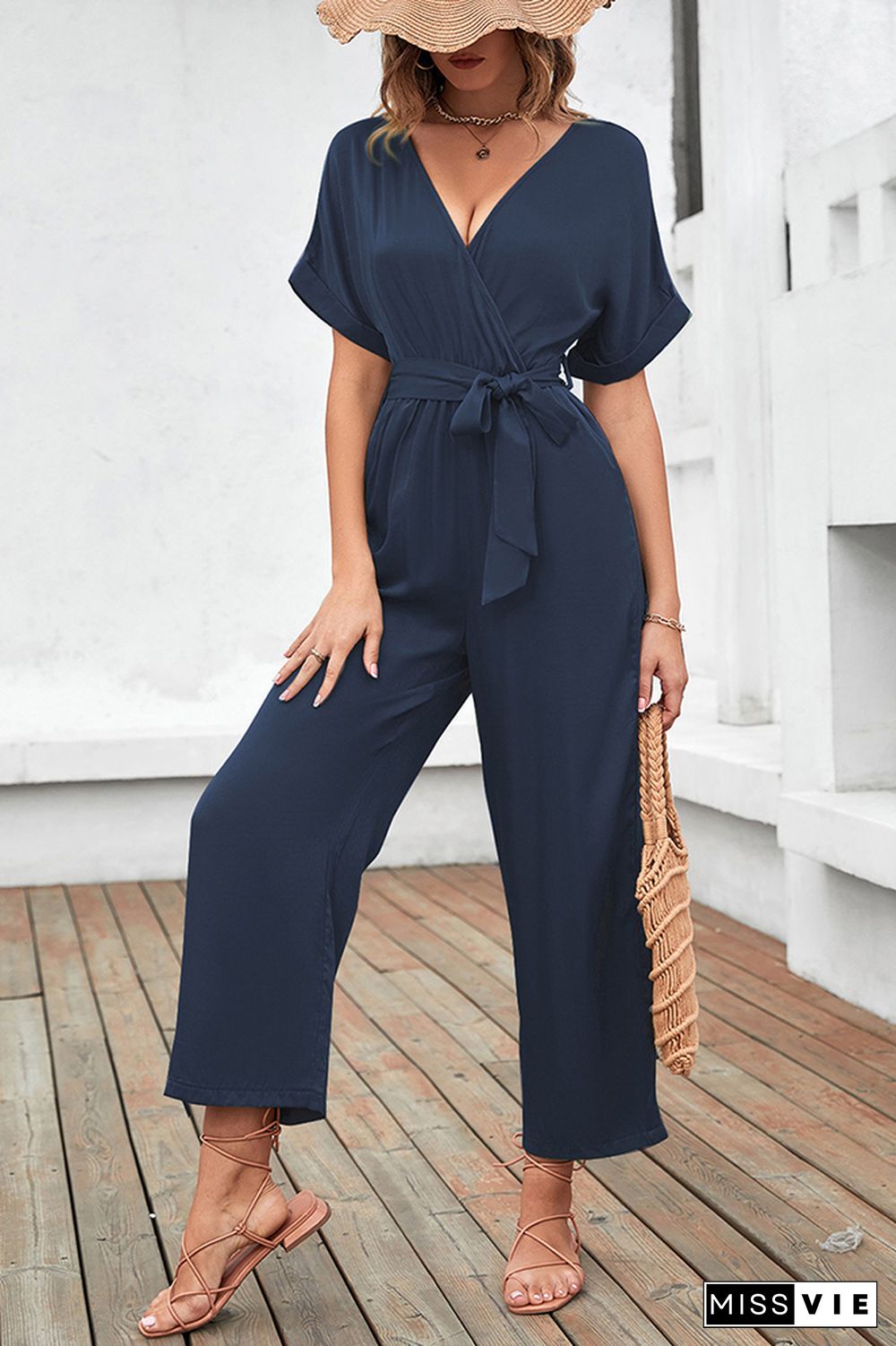 Solid Color Short Sleeve Long Pants Jumpsuit Wholesale