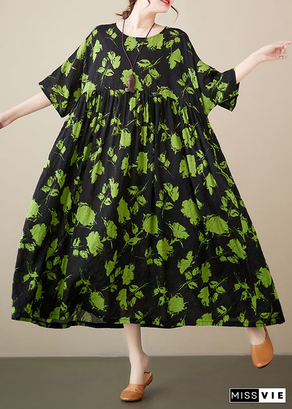 Loose Green Print Wrinkled Cotton Maxi Dresses Summer