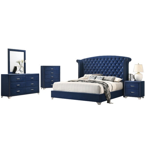 Eastern King Tufted Upholstered Bedroom Set in Blue - - 36135741