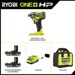 RYOBI ONE+ HP 18V Brushless Cordless 14 in. 4-Mode Impact Driver Kit w(2) 2.0 Ah HIGH PERFORMANCE Battery Charger Bag PBLID02K