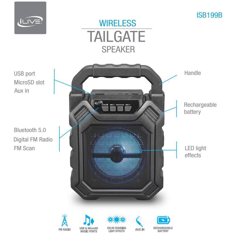 iLive Mini Bluetooth Wireless Tailgate Party Speaker ISB199B