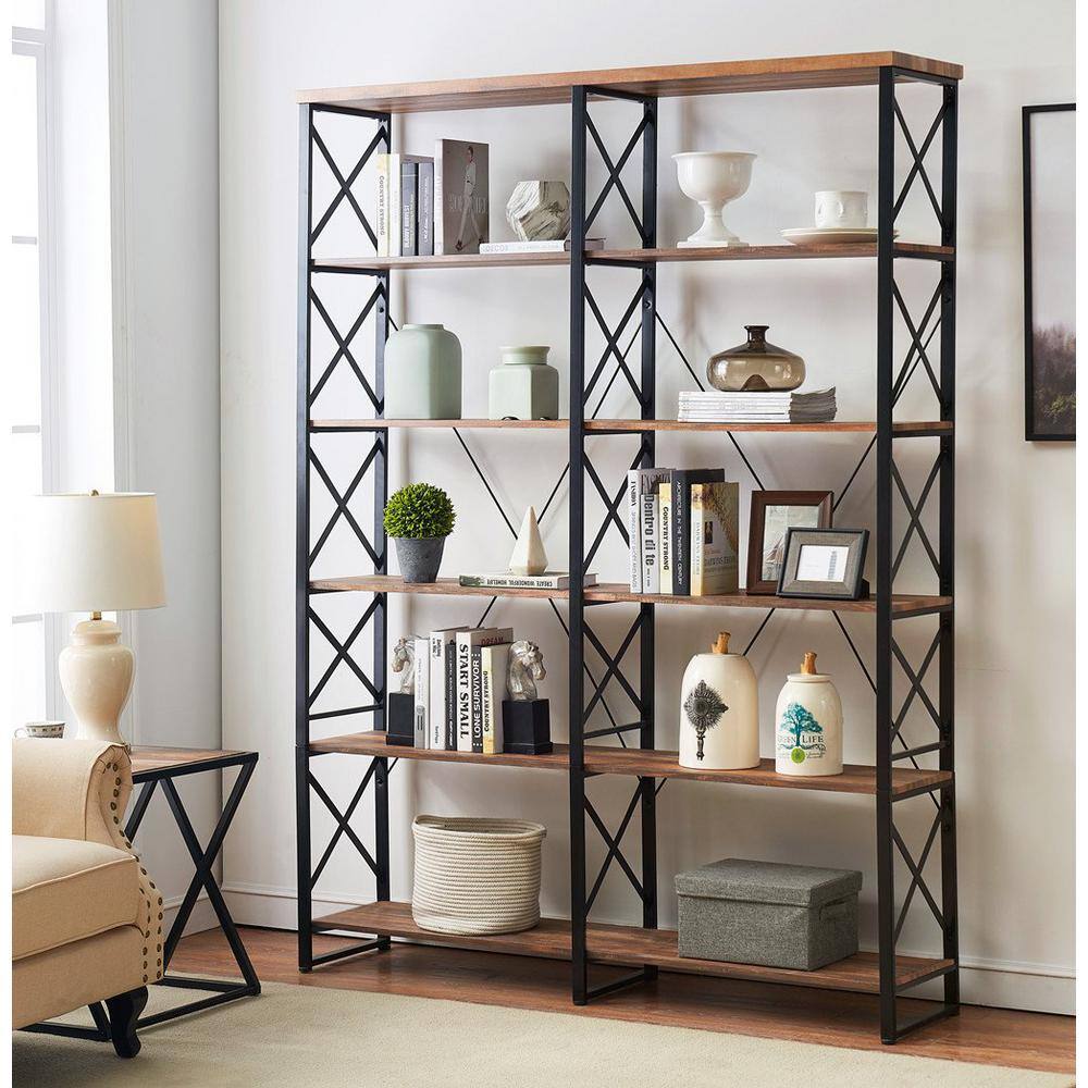 KINWELL 80 in. Brown Vintage Wood 6-Shelf Etagere Bookcase with Black Metal Frame MDBS006A