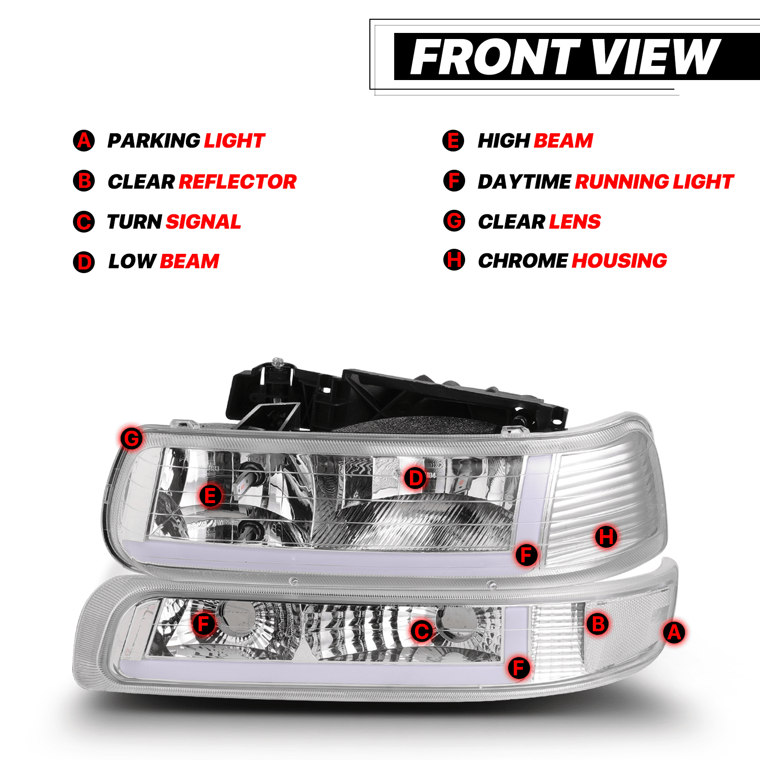 M-AUTO DRL LED Tube Headlight Assembly W/ 2 Pair Pre-Assembled 6000K LED Bulbs for 99-02 Chevy Silverado 1500HD 2500HD 3500HD / 00-06 Chevy Suburban 1500 2500 Tahoe