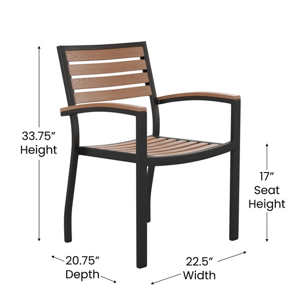 Emma And Oliver Set Of 2 Stackable All weather Black Aluminum Patio Chairs With Faux Teak Slats