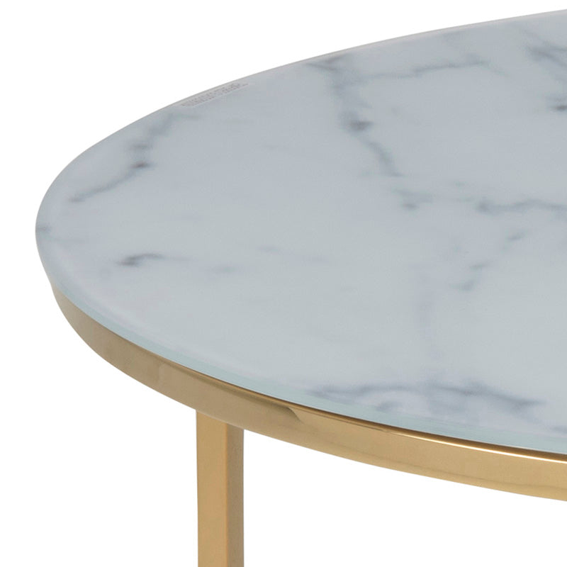 KOLINA Glass Marble Round Coffee Table 80cm - White/ Gold Chrome