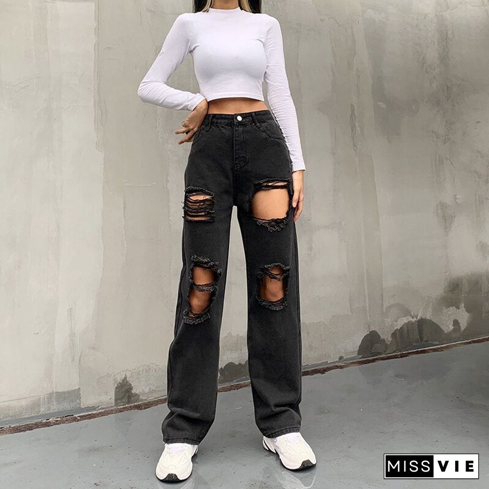 Weekeep Holes Vintage Streetwear Straight Jeans Women High Waist Fashion Baggy Slim Korean Denim Pants Streetwear Cargo Trousers