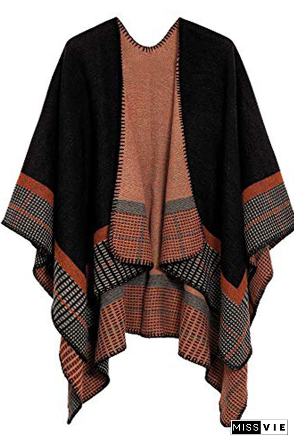 Colorblock Contrast Front Open Plaid Cape Cover Up