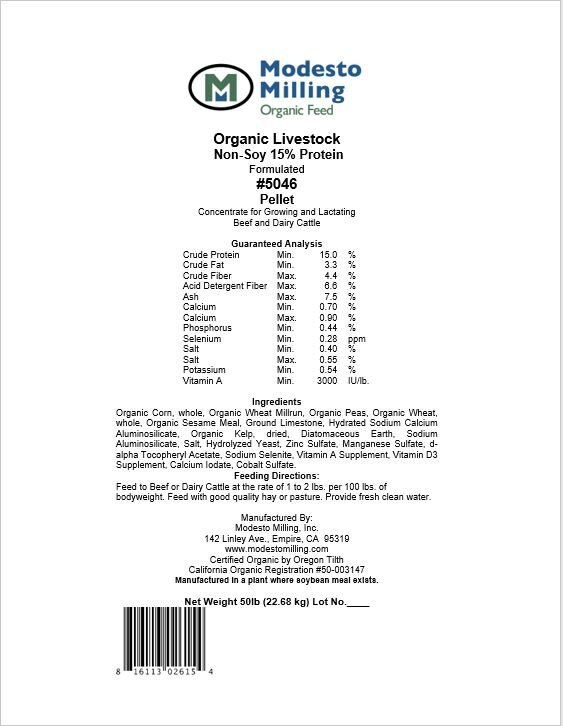 Modesto Milling Organic No Soy 15% Protein Dairy/Livestock Feed， 50-lb bag