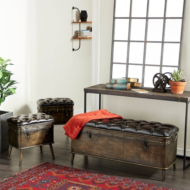 Set Of 3 Vintage Metal And Faux Leather Storage Benches Brown Olivia amp May