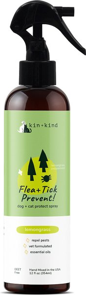 kin+kind Flea + Tick Prevent Lemongrass Dog and Cat Spray， 12-oz bottle