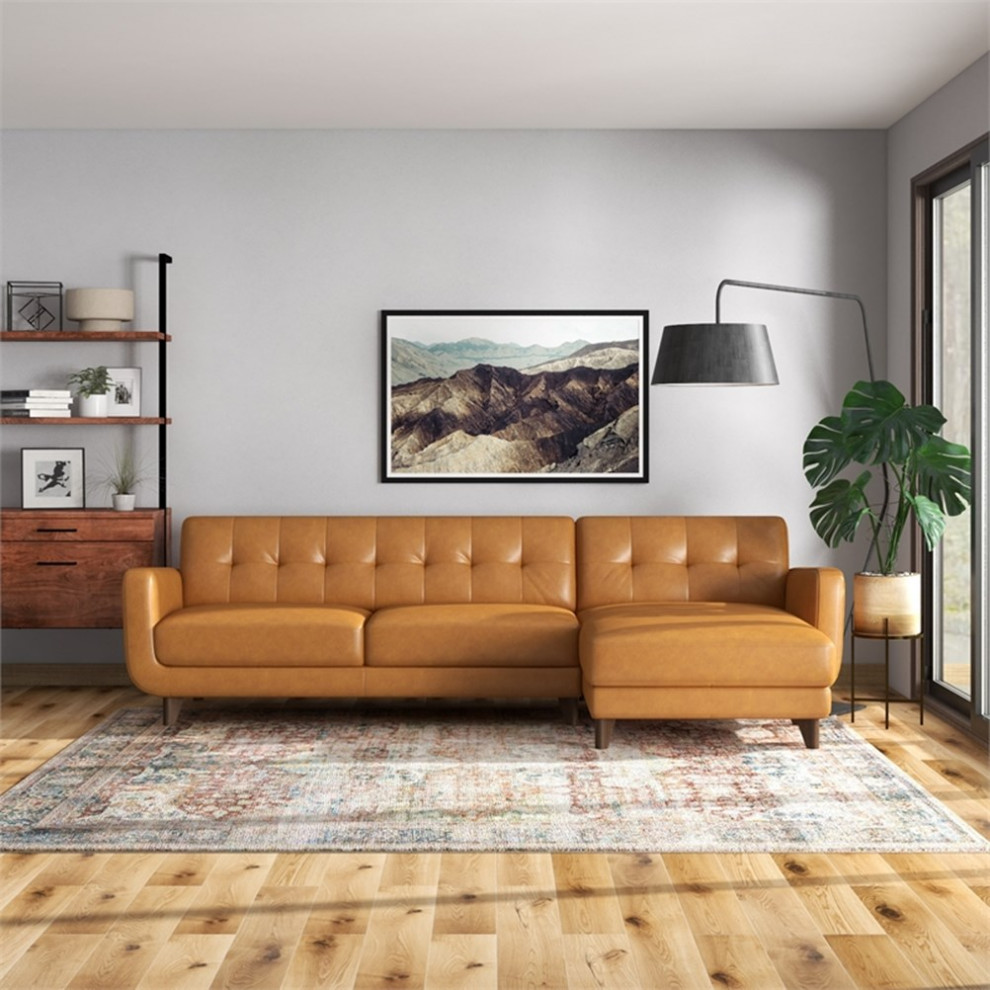 Eldorado Modern Living Room Top Leather Corner Sectional Couch in Cognac Tan   Midcentury   Sectional Sofas   by Homesquare  Houzz