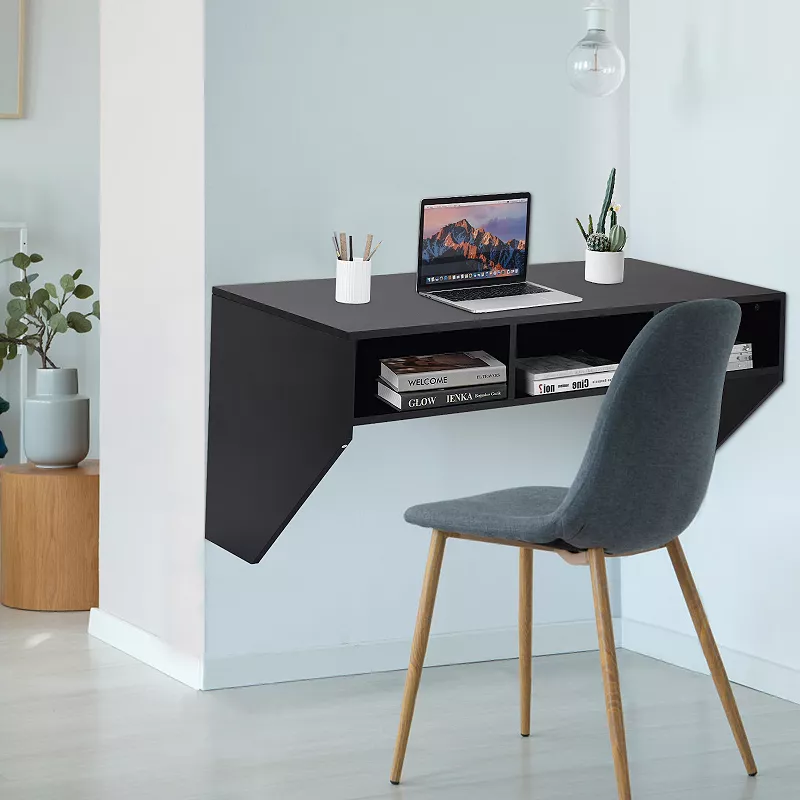 Wall Mounted Floating Sturdy Computer Table with Storage Shelf