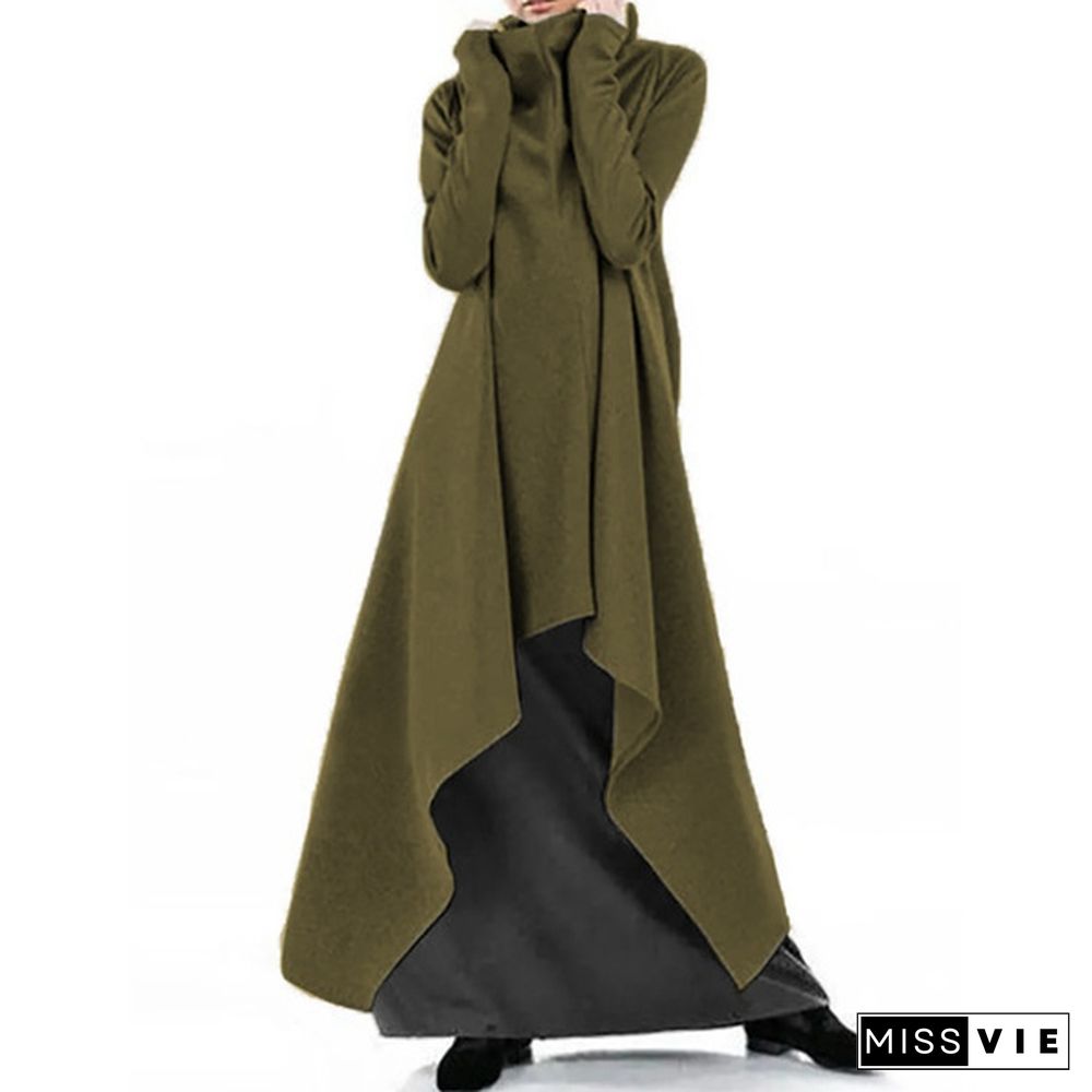 Women's Fashion Solid Color Coat Long Sleeve Robe Loose Poncho Coat High Neck Pullover Irregular Hem Casual Long Hoodies