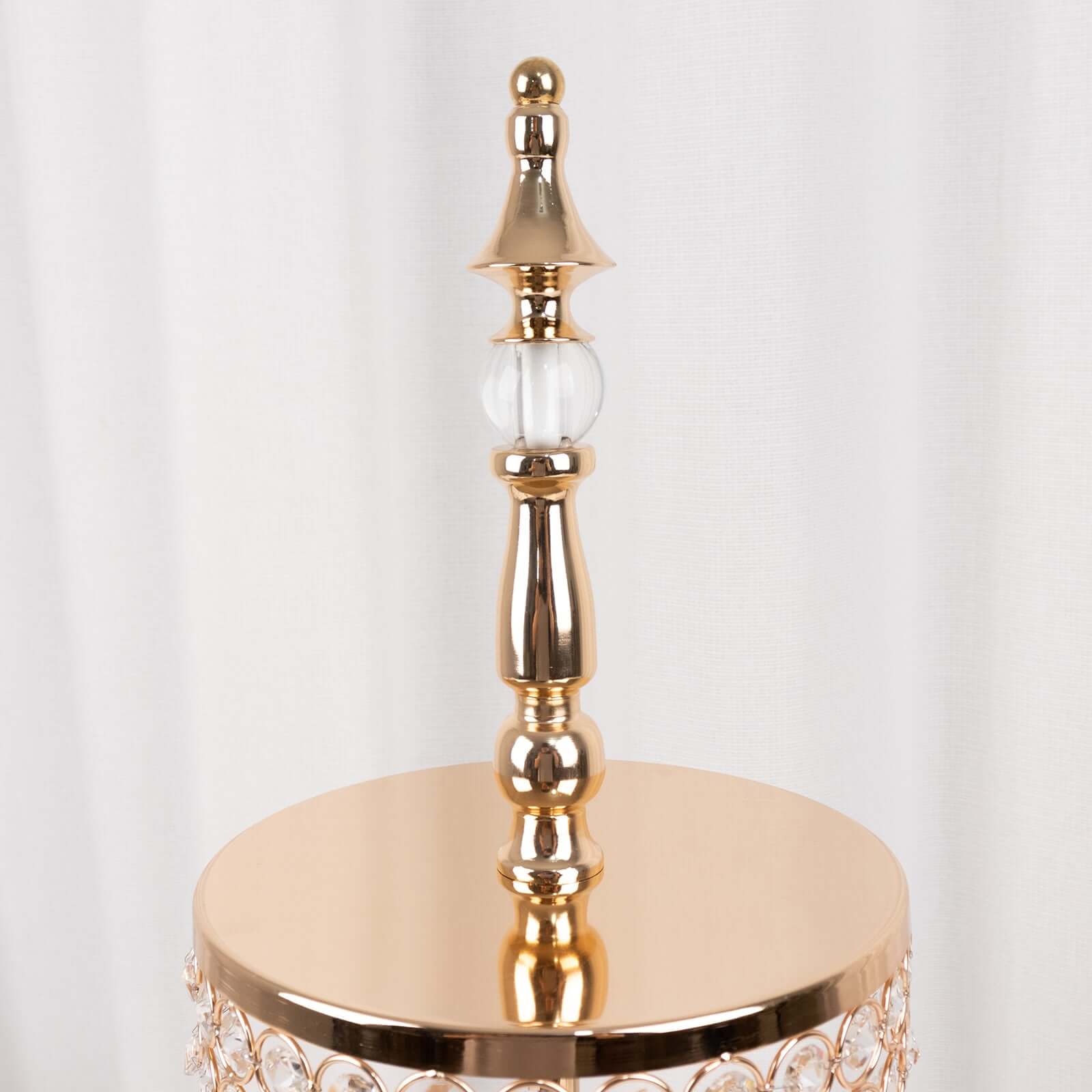 3-Tier Crystal Beaded Gold Metal Cake Stand, Cupcake Tower Dessert Display Stand with Round Mirror Top - 26