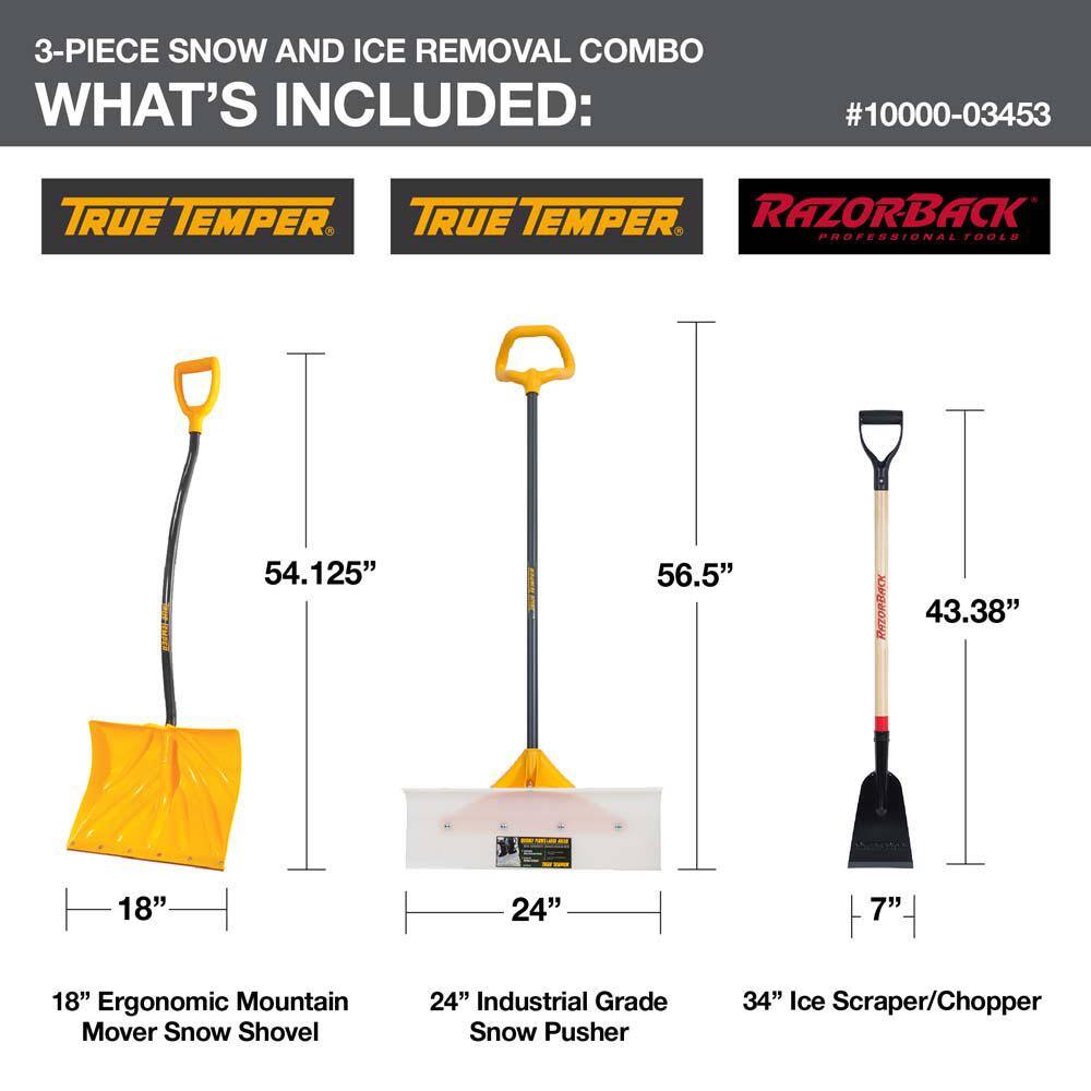 True Temper 3-Piece Snow and Ice Removal Combo with Shovel Pusher and Scraper Garden Tool Set 10000-03453