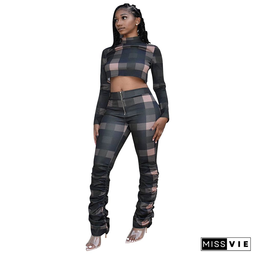 Plaid Turtleneck Crop Top Stacked Pants Set