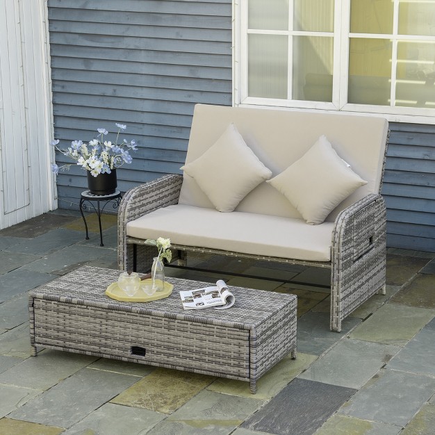 Outsunny Patio Wicker Loveseat Sofa Set Outdoor Pe Rattan Garden Assembled Sun Lounger Daybed Furniture W Storage Ottoman amp Side Tables Drink Trays For Poolside Porch Backyard