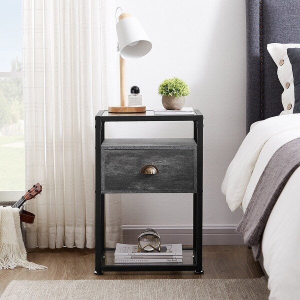 Javlergo Modern Tempered Glass Nightstand with 1-Drawer and Storage Shelf - - 36035559