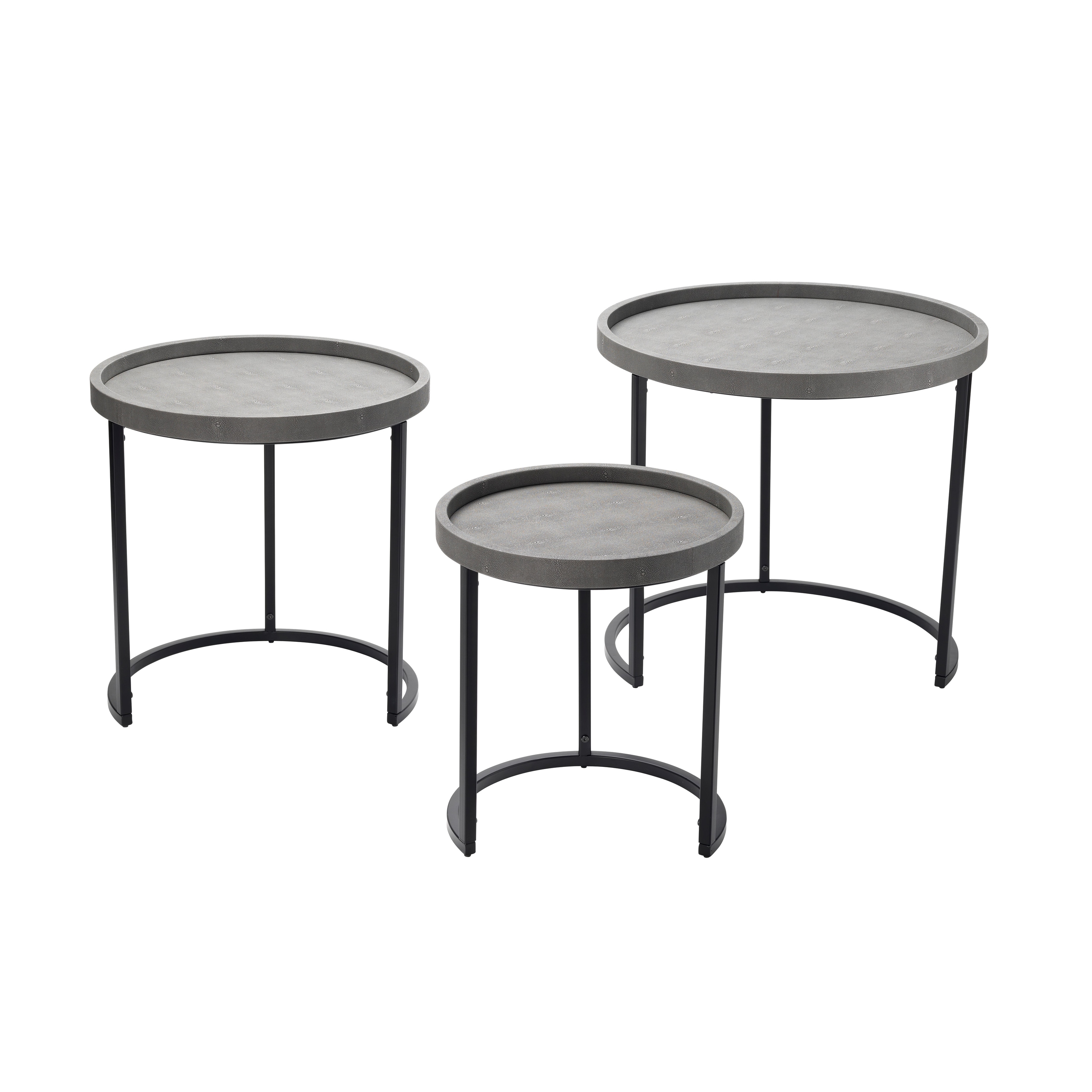 Side Table with Faux Shagreen Accent， Set of 3， Gray