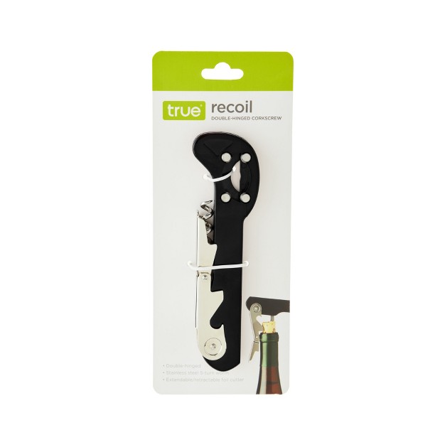 True Recoil Double Hinged Corkscrew Classic Black Wine Key With Extendable 4 Wheel Foil Cutter