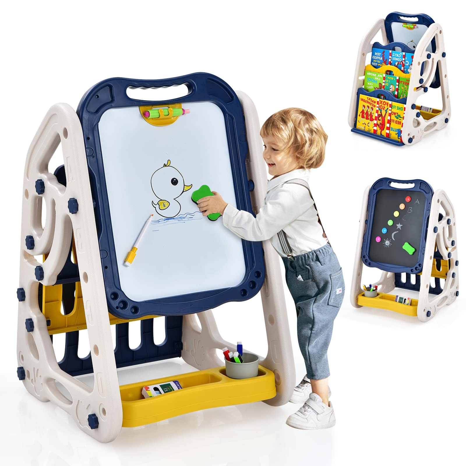 Costzon 3 in 1 Art Easel for Kids, Double Sided Magnetic Whiteboard & Chalkboard w/ Book Rack