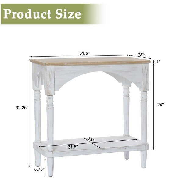 Farmhouse White and Natural Wood Rectangular Console Table， Open Shelf Storage - 32.25