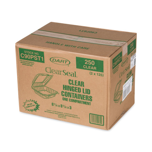 Dart ClearSeal Hinged-Lid Plastic Containers， 8.3 x 8.3 x 3， Clear， Plastic， 250/Carton (C90PST1)