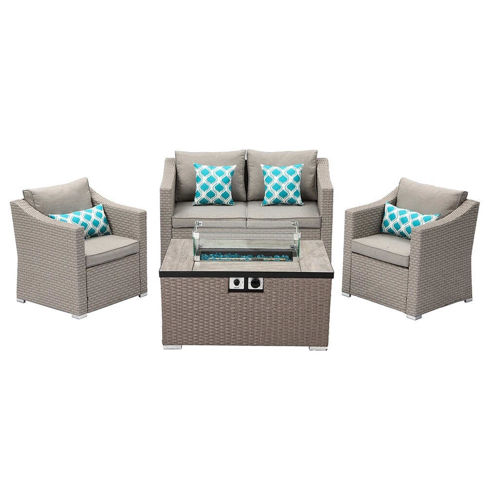 COSIEST Outdoor 4 Piece Patio Wicker Conversation Sofa with Fire Table Tank Outside