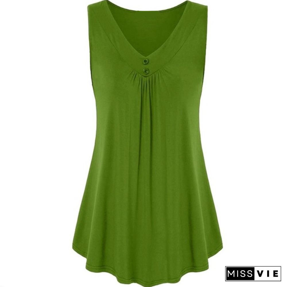 Summer Women's Solid V-Neck Pleated Button Sleeveless Loose Tank Top Ladies Casual Blouses Female Sexy Clothing Home Street Wear