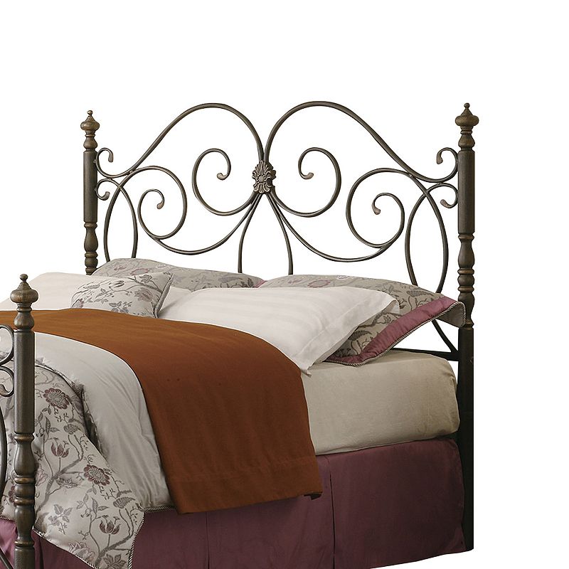 Queen Size Metal Headboard and Footboard with Scroll Work Details， Dark Bronze