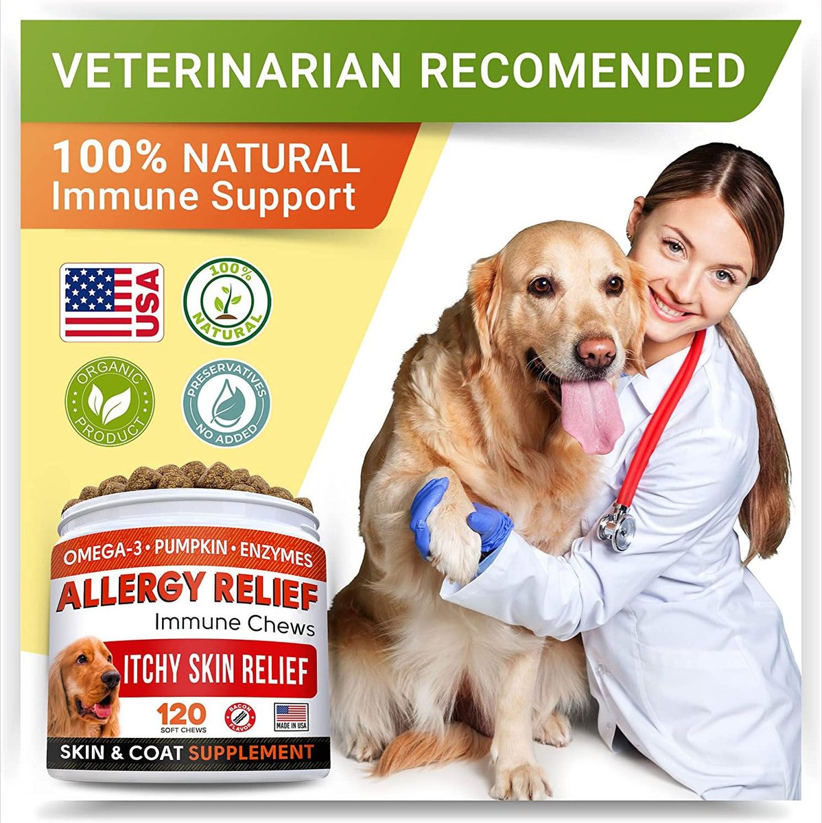 StrellaLab Allergy Relief Omega 3 Immunity Treats Dog Supplement， 120 count