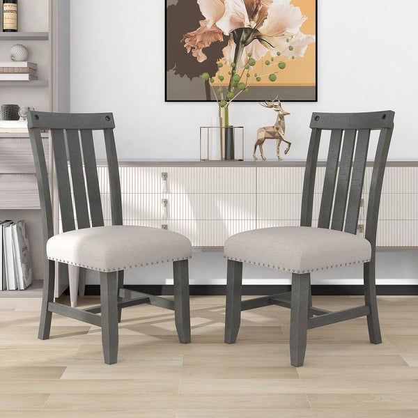 2 sets of fabric upholstered dining chairs with silver nails and solid wood legs， seat height -19.5