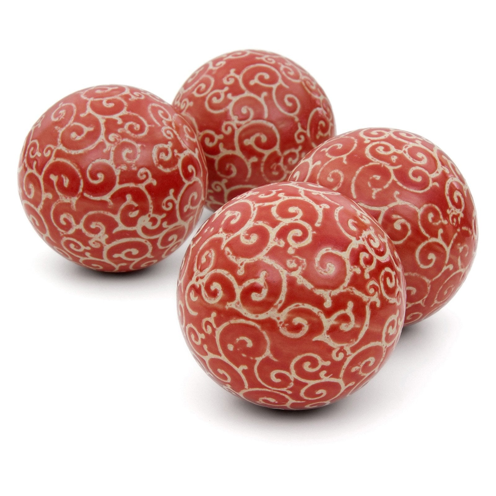 Oriental Furniture 4" Red and Beige Vines Porcelain Ball Set, Decorative item, Center piece, living room item