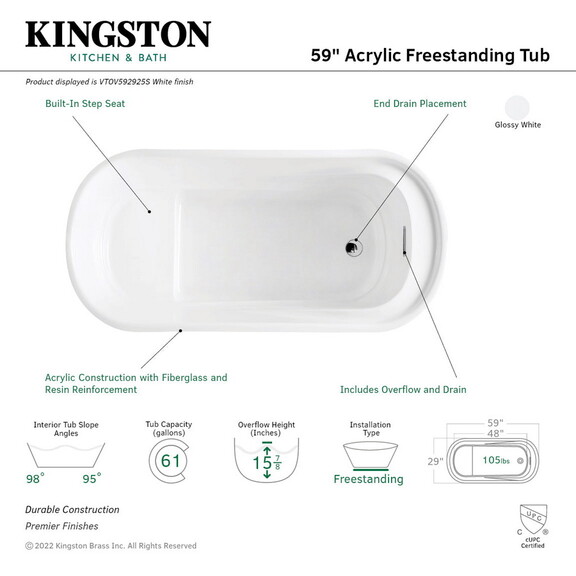 Kingston Brass VTOV592925S Aqua Eden 59 Inch Acryl...