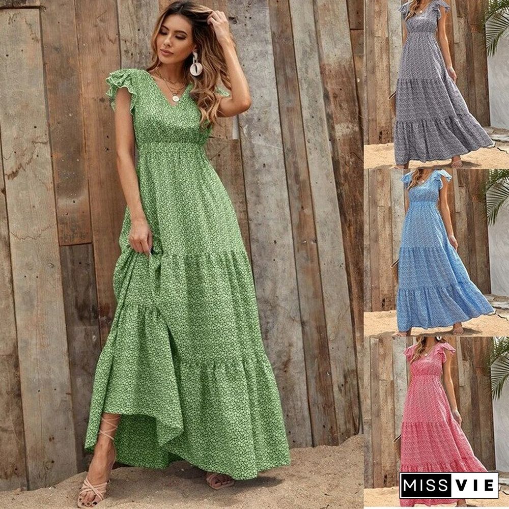 Summer Bohemian V-neck Dress Women High-waisted Printed Holiday Dress Stitching Floral Dress Vestidos De Mujer