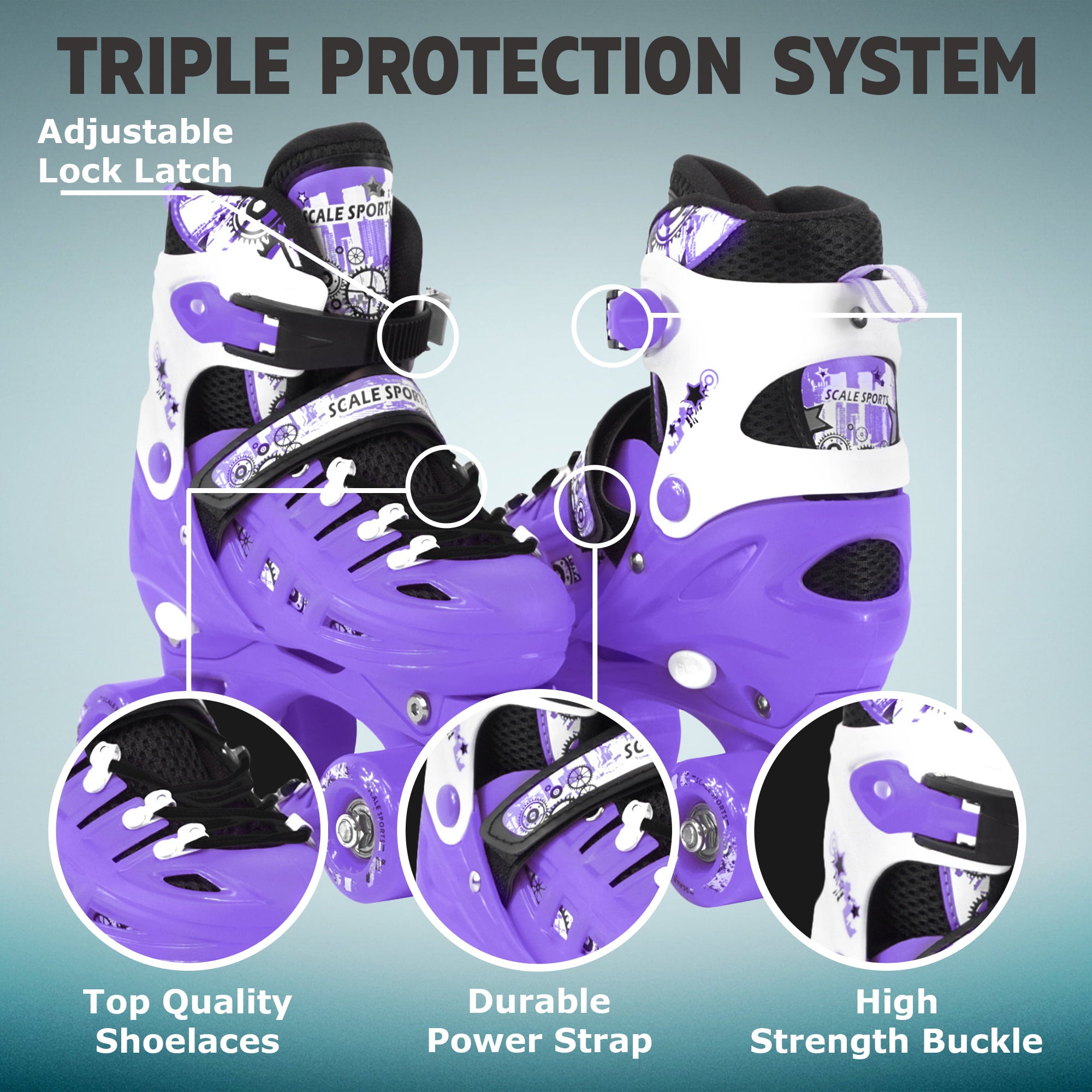 Adjustable Purple Quad Roller Skates For Kids Large Sizes