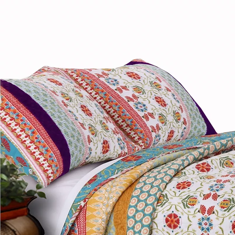 Geometric and Floral Print Twin Size Quilt Set with 1 Sham， Multicolor