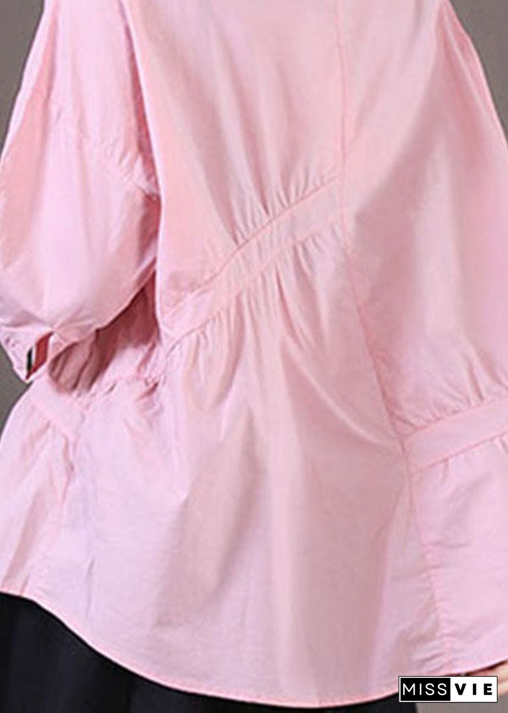 Women Pink O-Neck Asymmetrical Wrinkled Cotton Shirts Half Sleeve