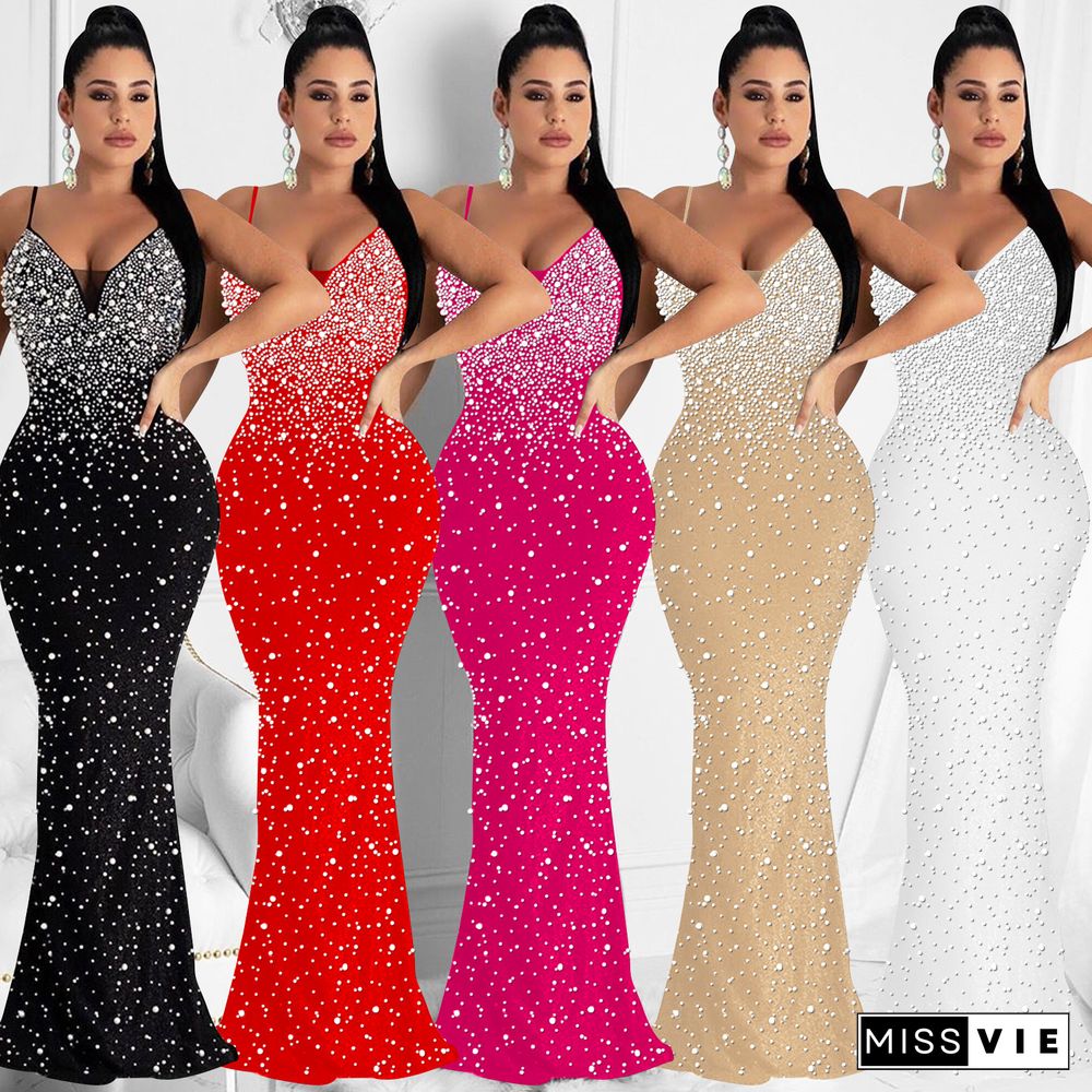 Felyn New Arrival Famous Brand Dress Solid Beading Spaghetti Strap Sexy Celebrity Party Maxi Dress Vestidos